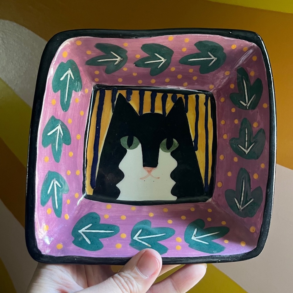 Solveig Cox Studio Pottery Cat Bowl Signed Hand Painted Folk Art Ceramic Dish